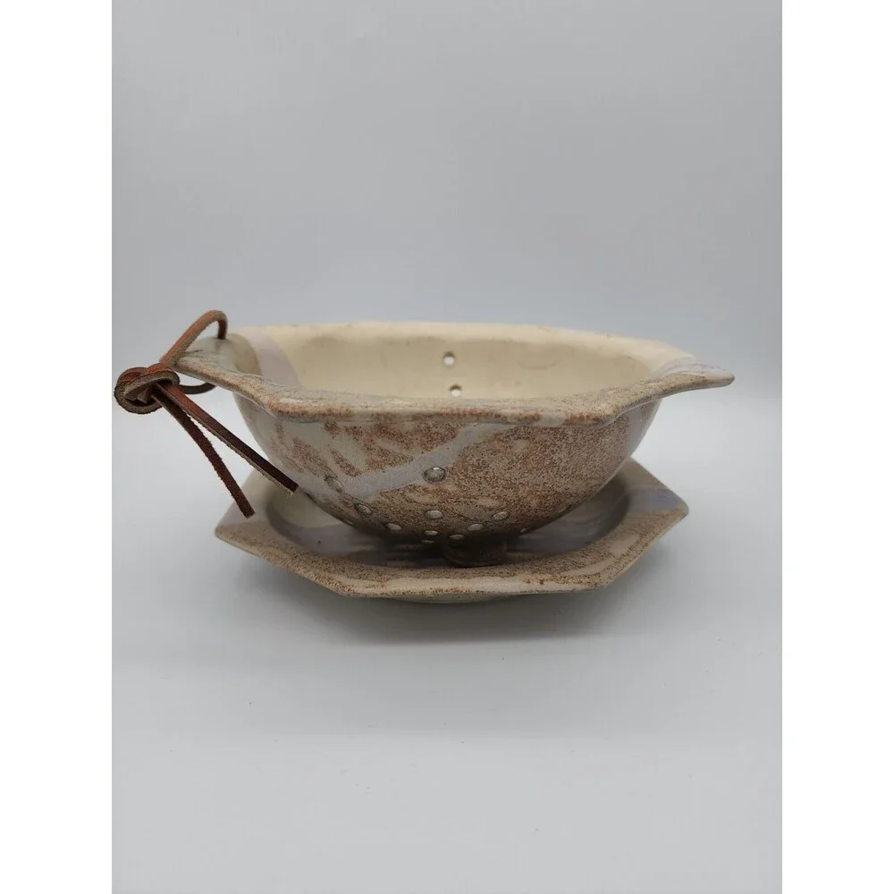 Berry Bowl Pottery Strainer & Dish Signed SR Allen TN NEW Hanger Octagonal
